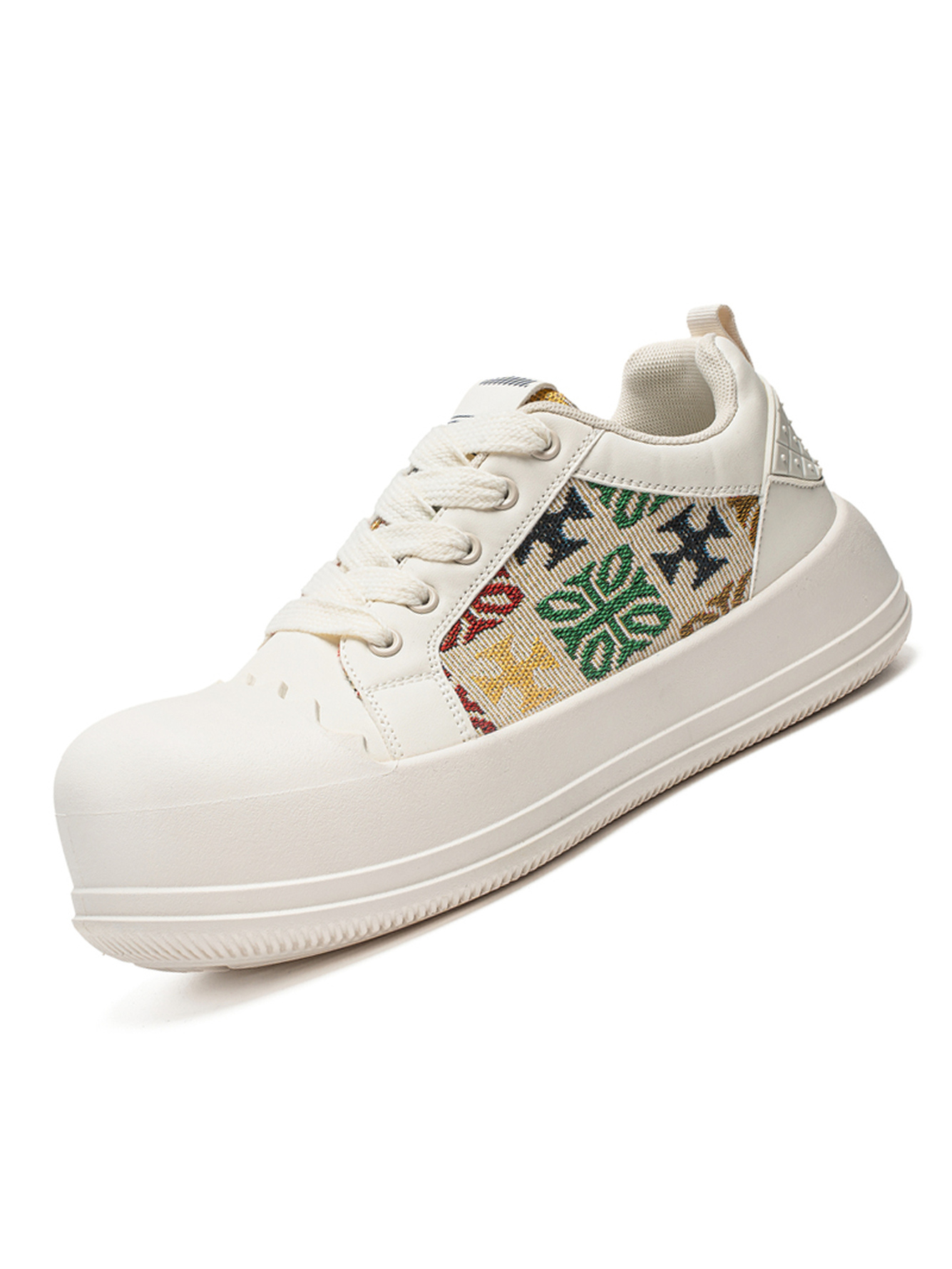 White Embroidered Lace-Up Casual Sneakers