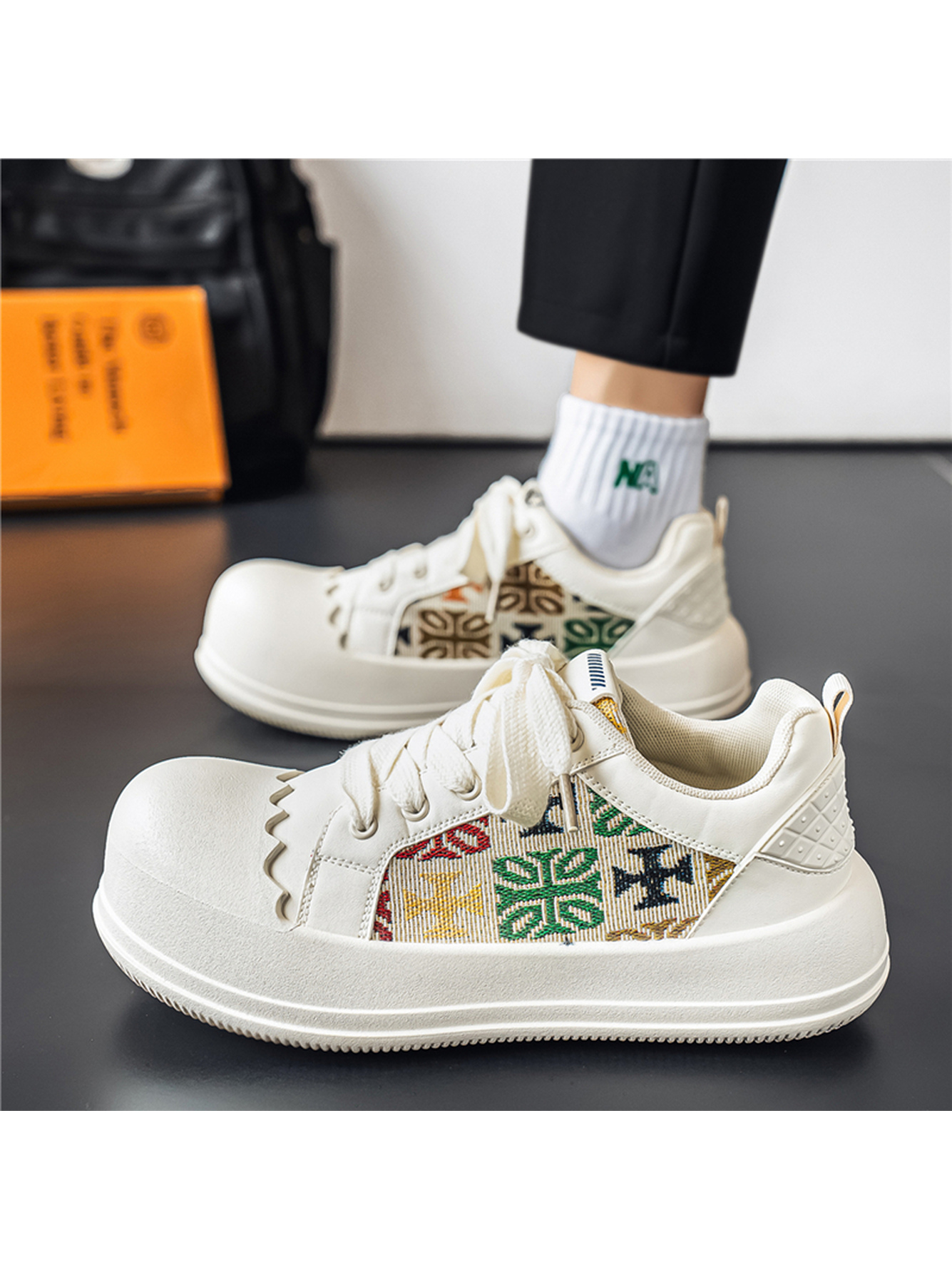 White Embroidered Lace-Up Casual Sneakers