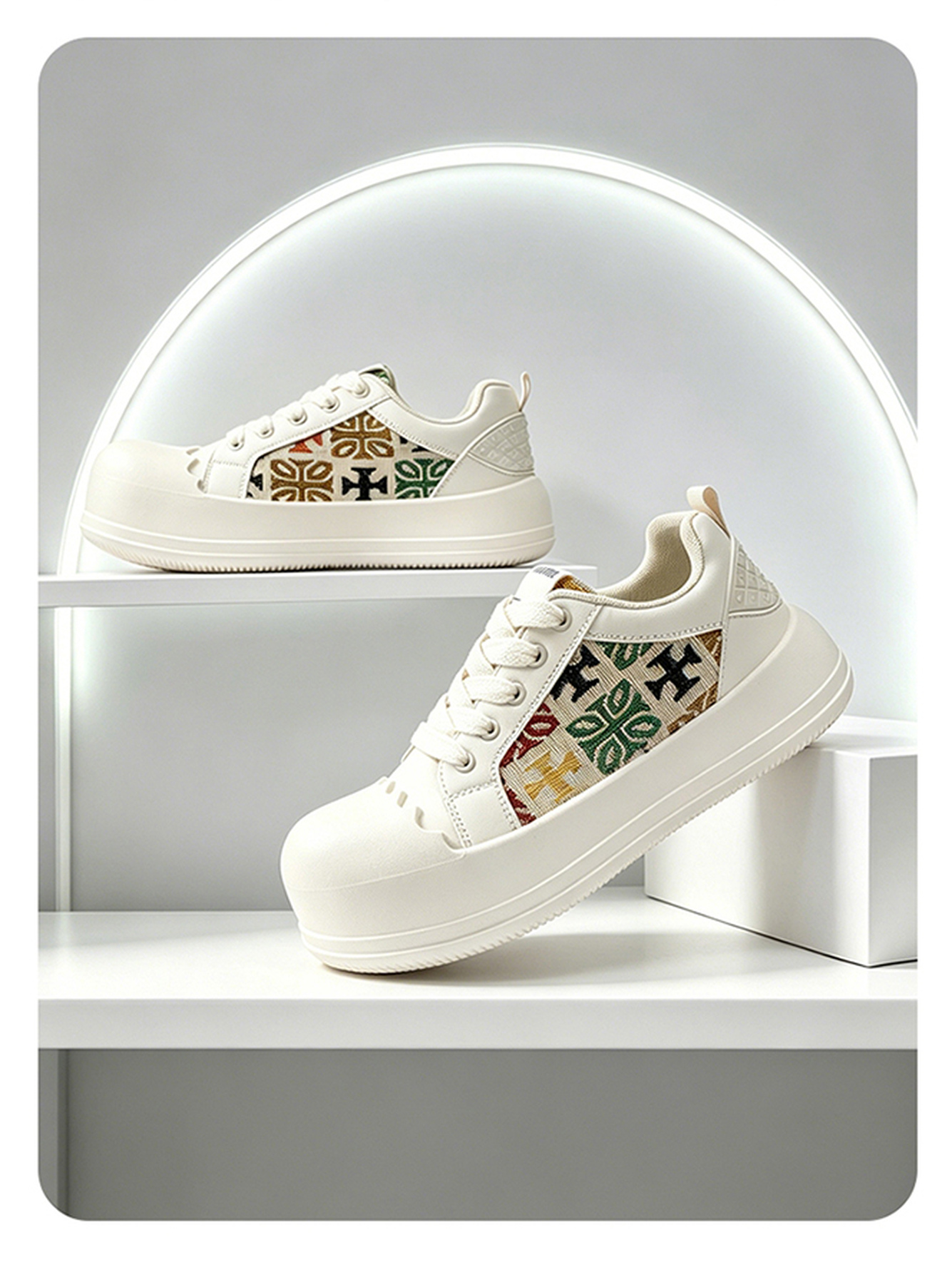 White Embroidered Lace-Up Casual Sneakers