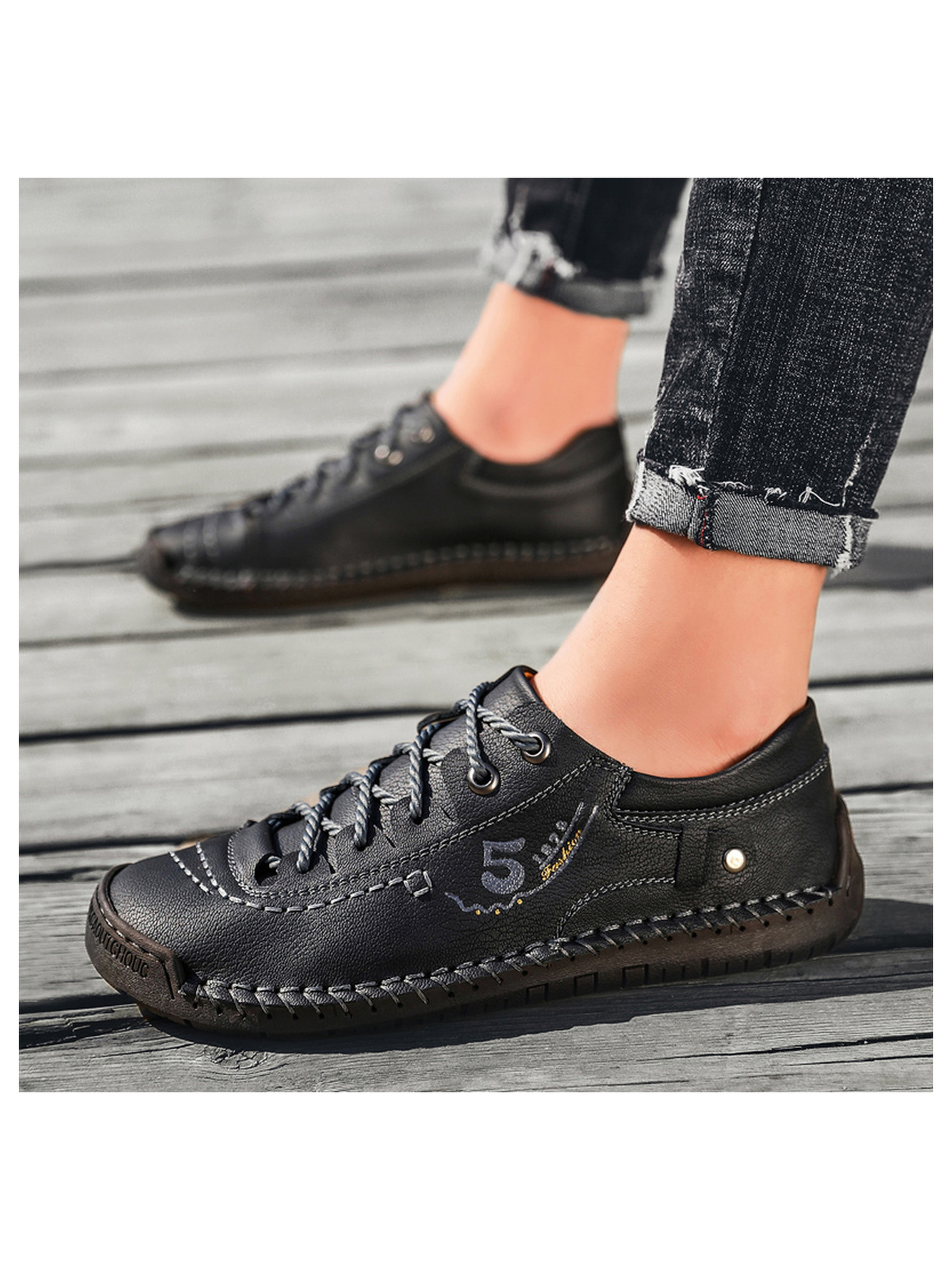 Black Hand-Stitched Comfort Casual Shoes