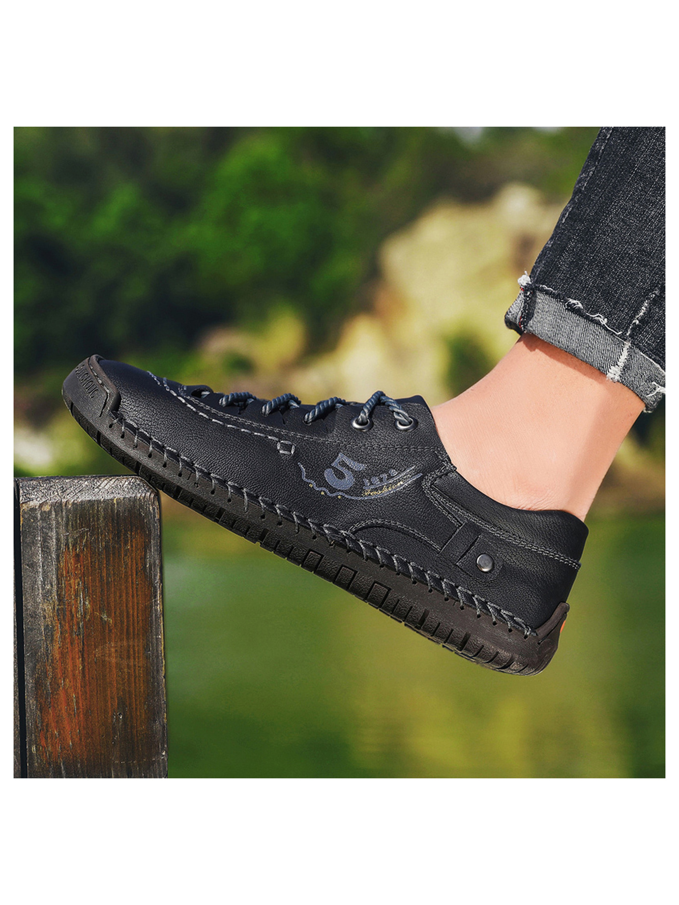 Black Hand-Stitched Comfort Casual Shoes