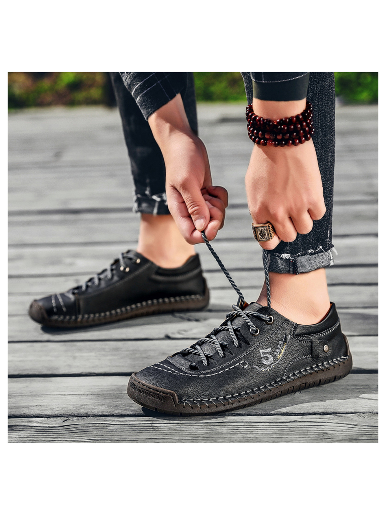 Black Hand-Stitched Comfort Casual Shoes