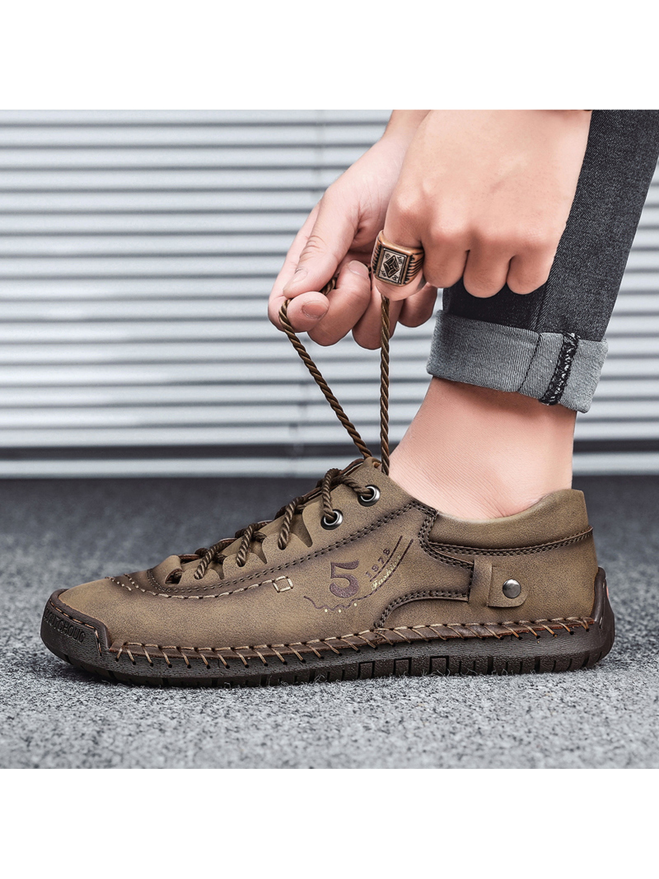 Khaki Hand-Stitched Comfort Casual Shoes