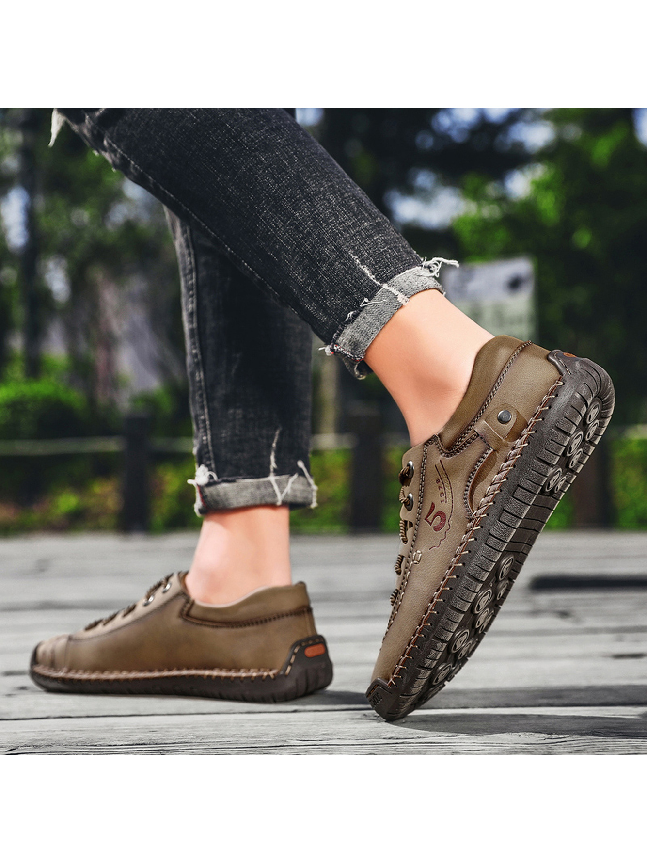 Khaki Hand-Stitched Comfort Casual Shoes