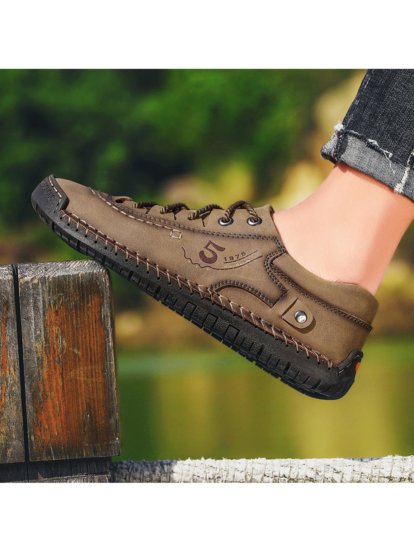 Khaki Hand-Stitched Comfort Casual Shoes