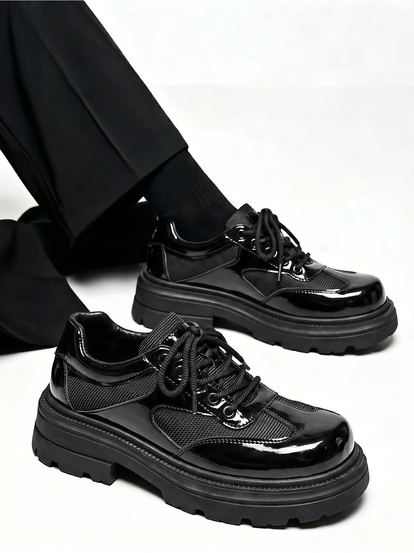 Black Patent Faux Leather Platform Casual Shoes