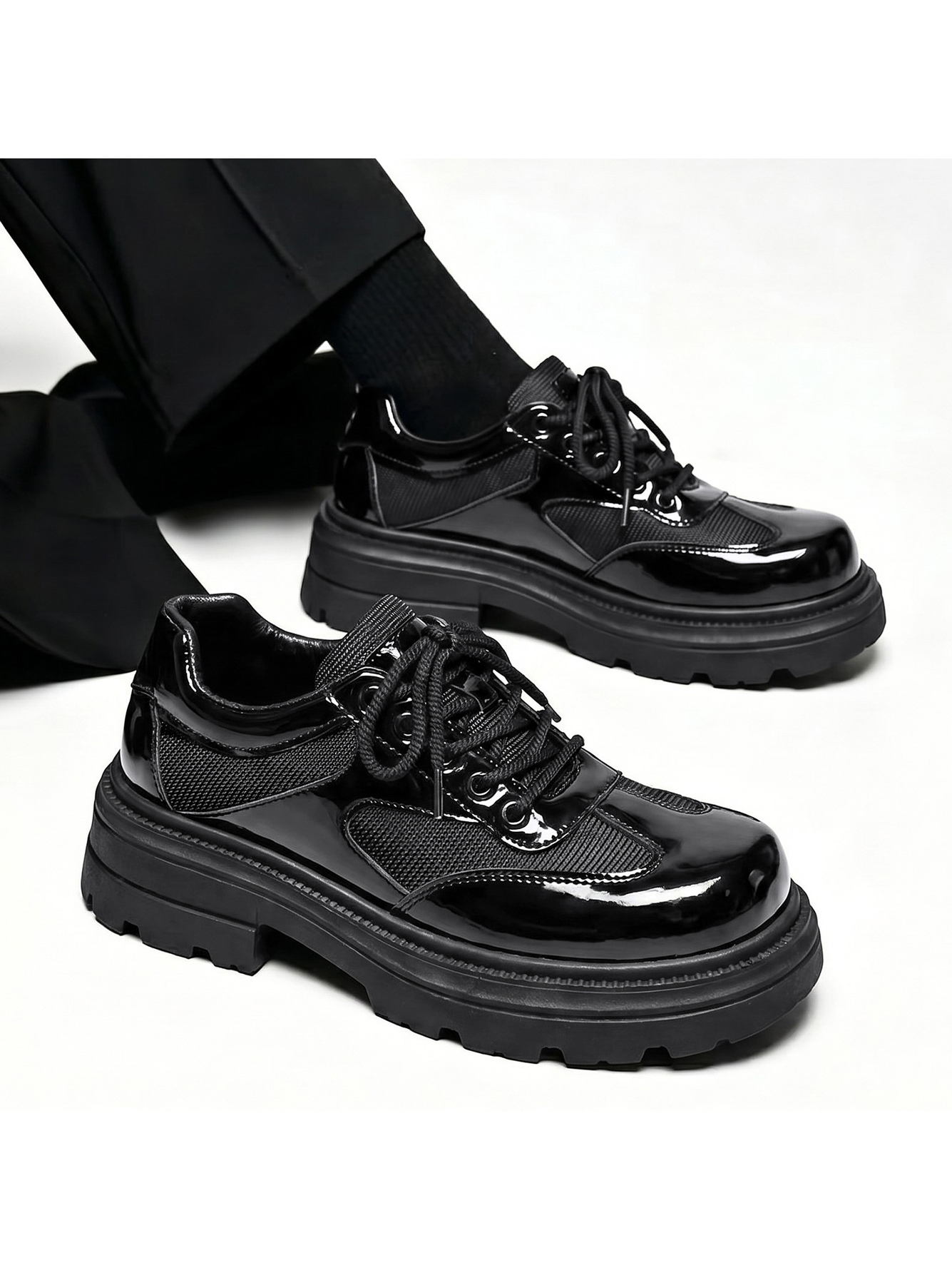 Black Patent Faux Leather Platform Casual Shoes