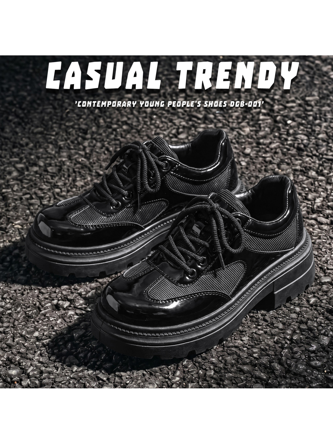 Black Patent Faux Leather Platform Casual Shoes