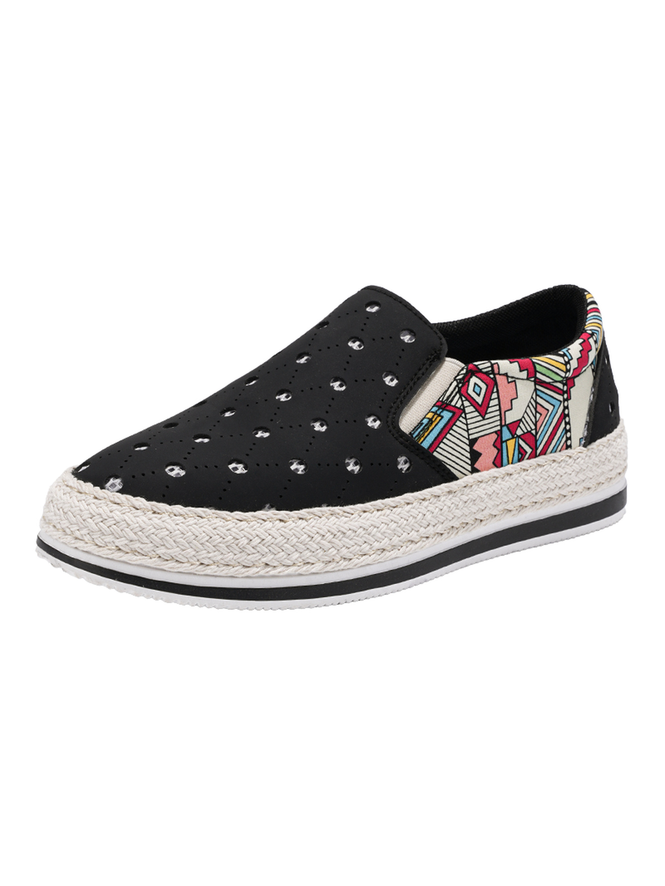 Black Perforated Loafers with Ethnic Print and Espadrille Sole