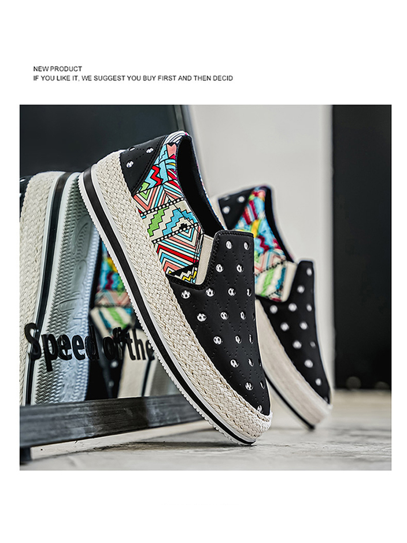 Black Perforated Loafers with Ethnic Print and Espadrille Sole