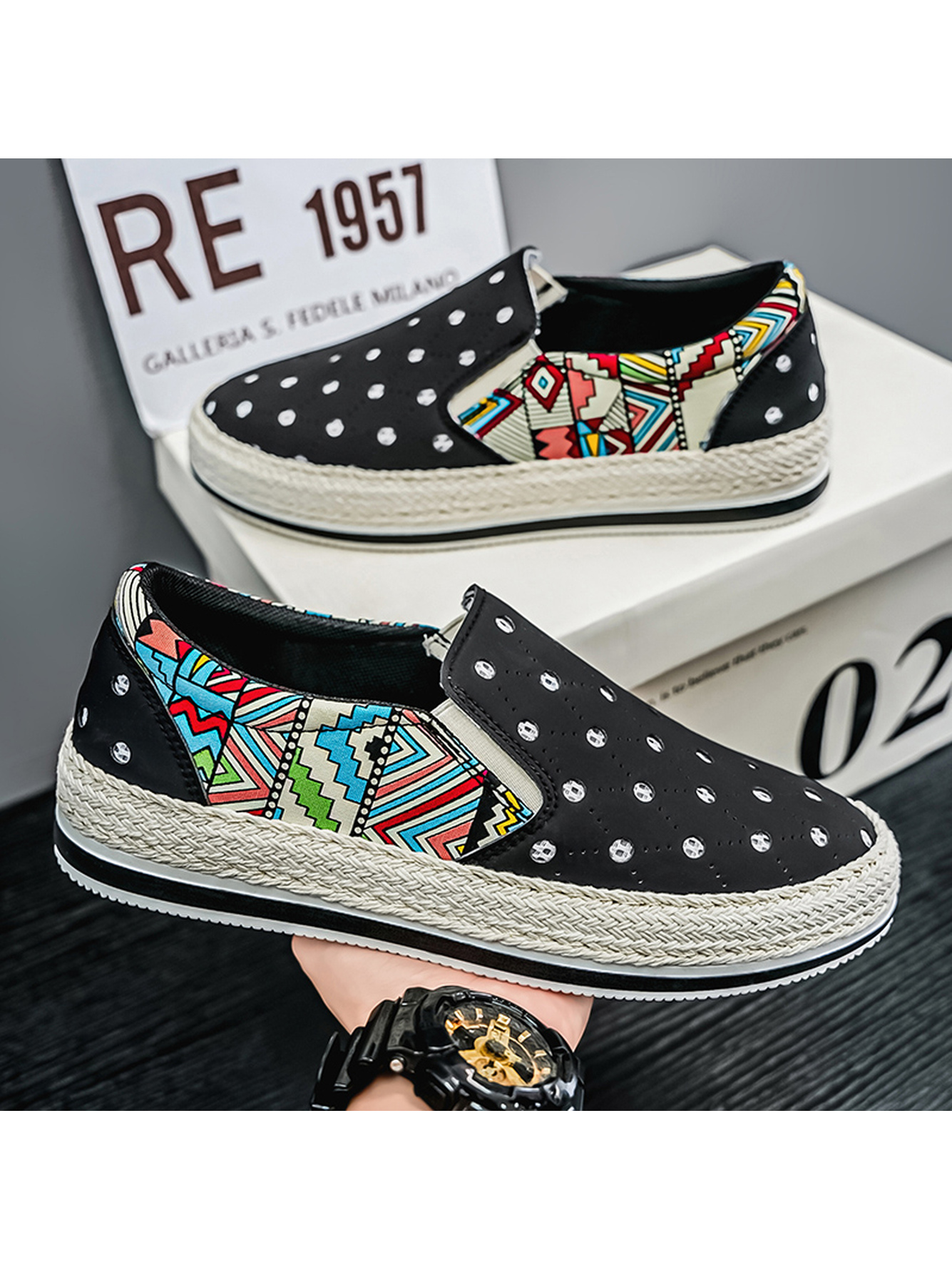Black Perforated Loafers with Ethnic Print and Espadrille Sole