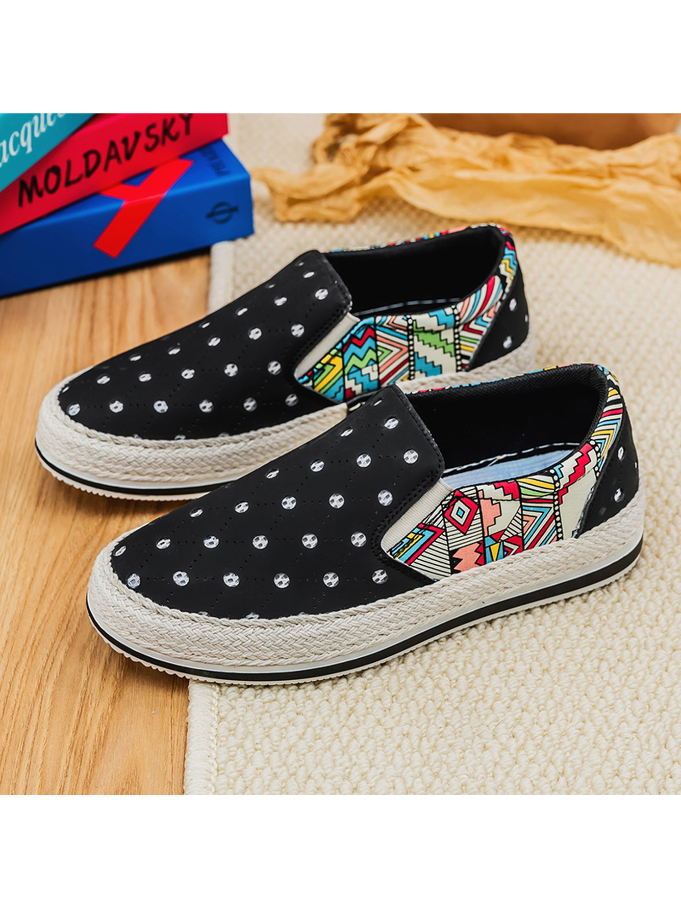 Black Perforated Loafers with Ethnic Print and Espadrille Sole