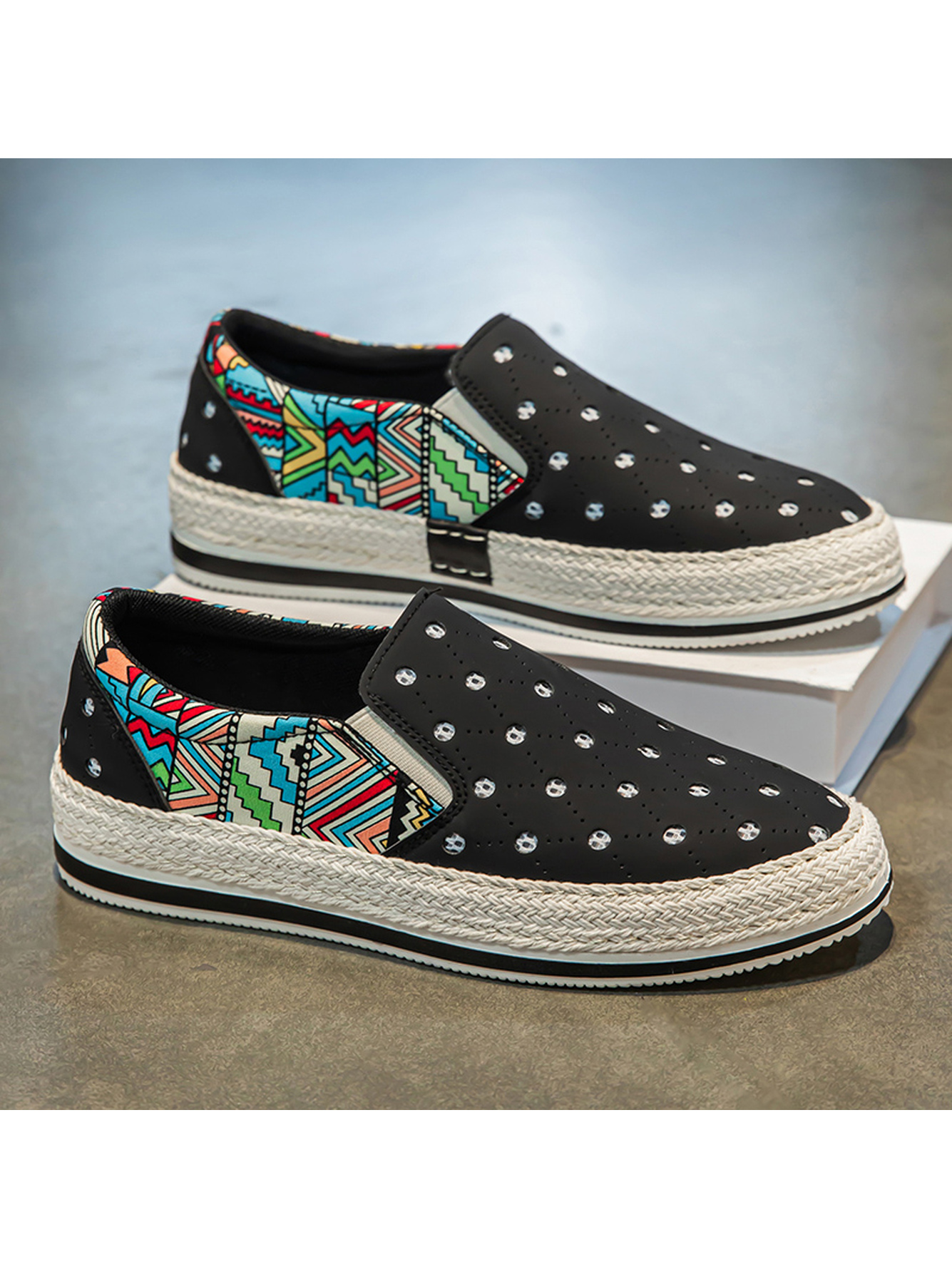 Black Perforated Loafers with Ethnic Print and Espadrille Sole