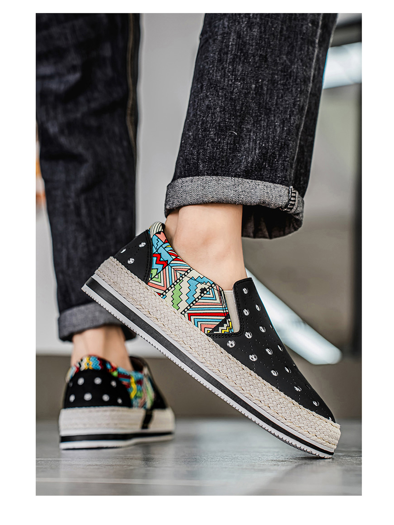Black Perforated Loafers with Ethnic Print and Espadrille Sole