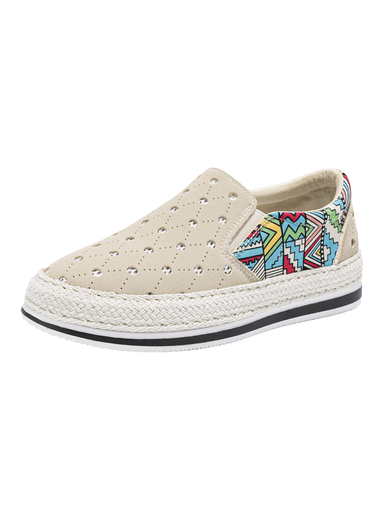 Beige Perforated Casual Loafers with Ethnic Print