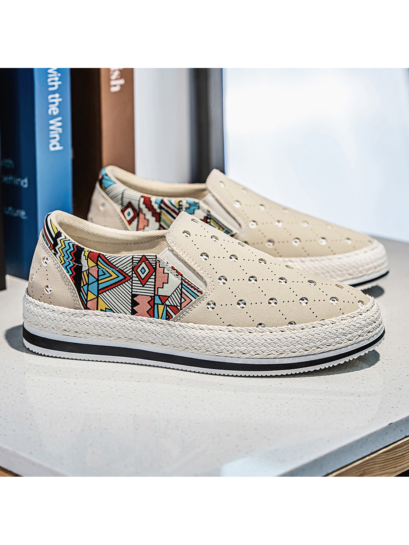 Beige Perforated Casual Loafers with Ethnic Print