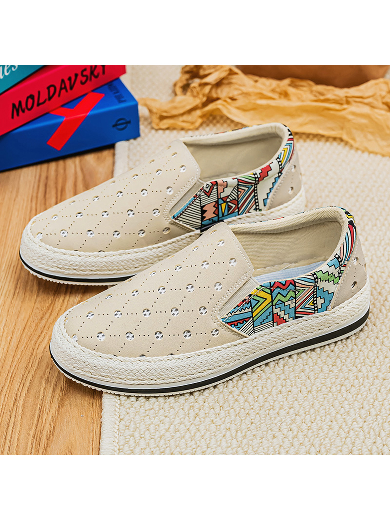 Beige Perforated Casual Loafers with Ethnic Print