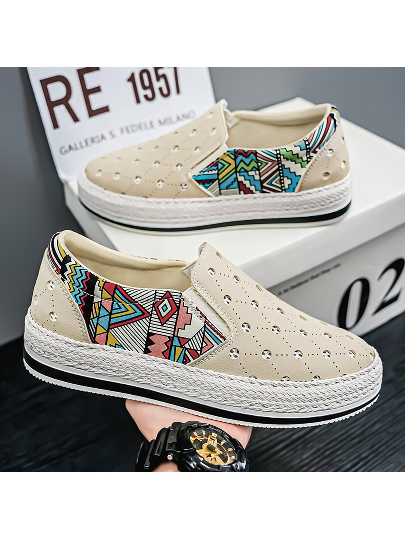 Beige Perforated Casual Loafers with Ethnic Print
