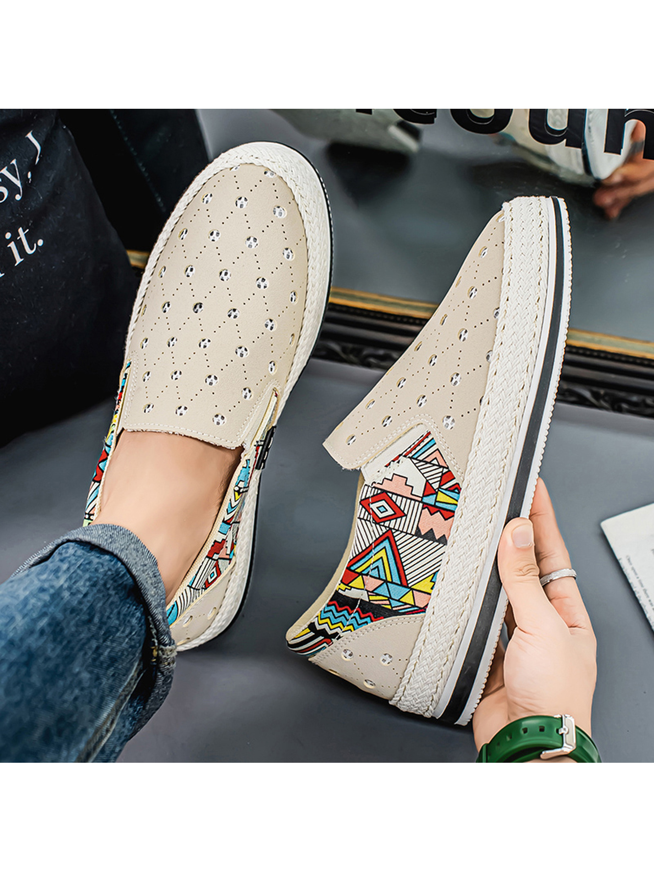 Beige Perforated Casual Loafers with Ethnic Print