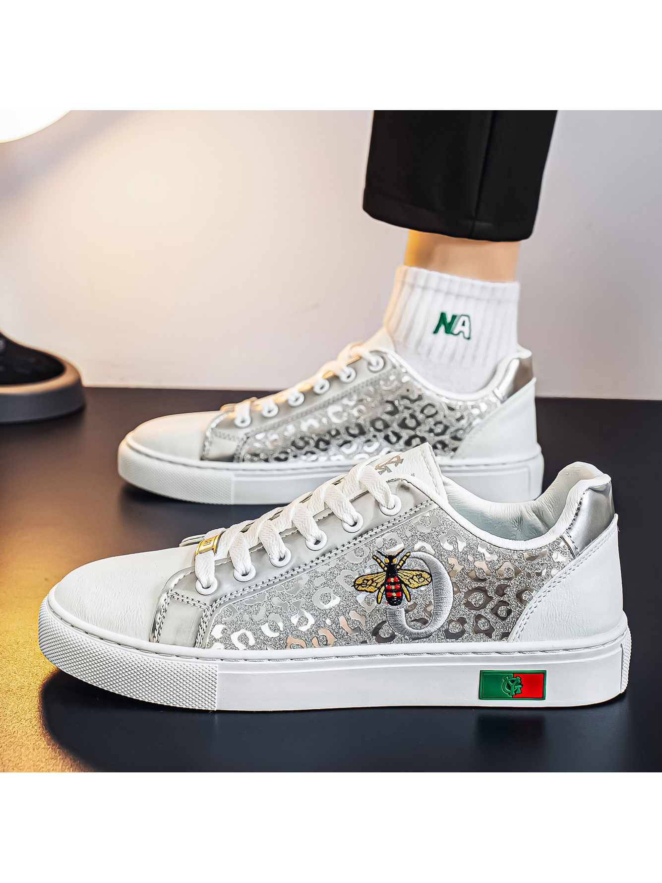 Silver Bee Embroidered Sneakers