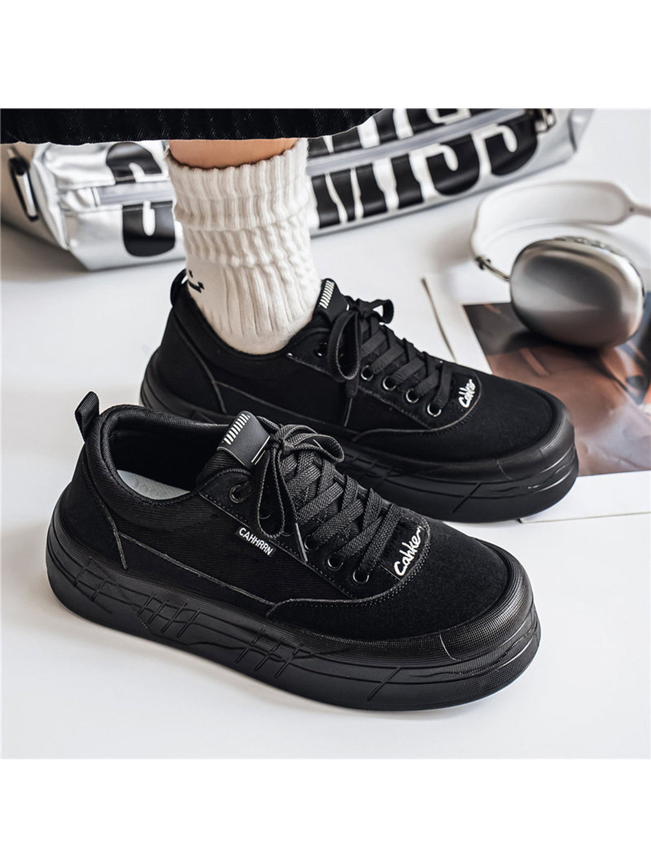 Black Lace-Up Casual Sneakers