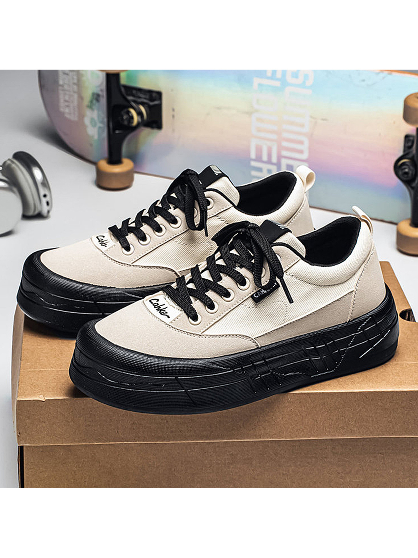 Beige Canvas Platform Sneakers