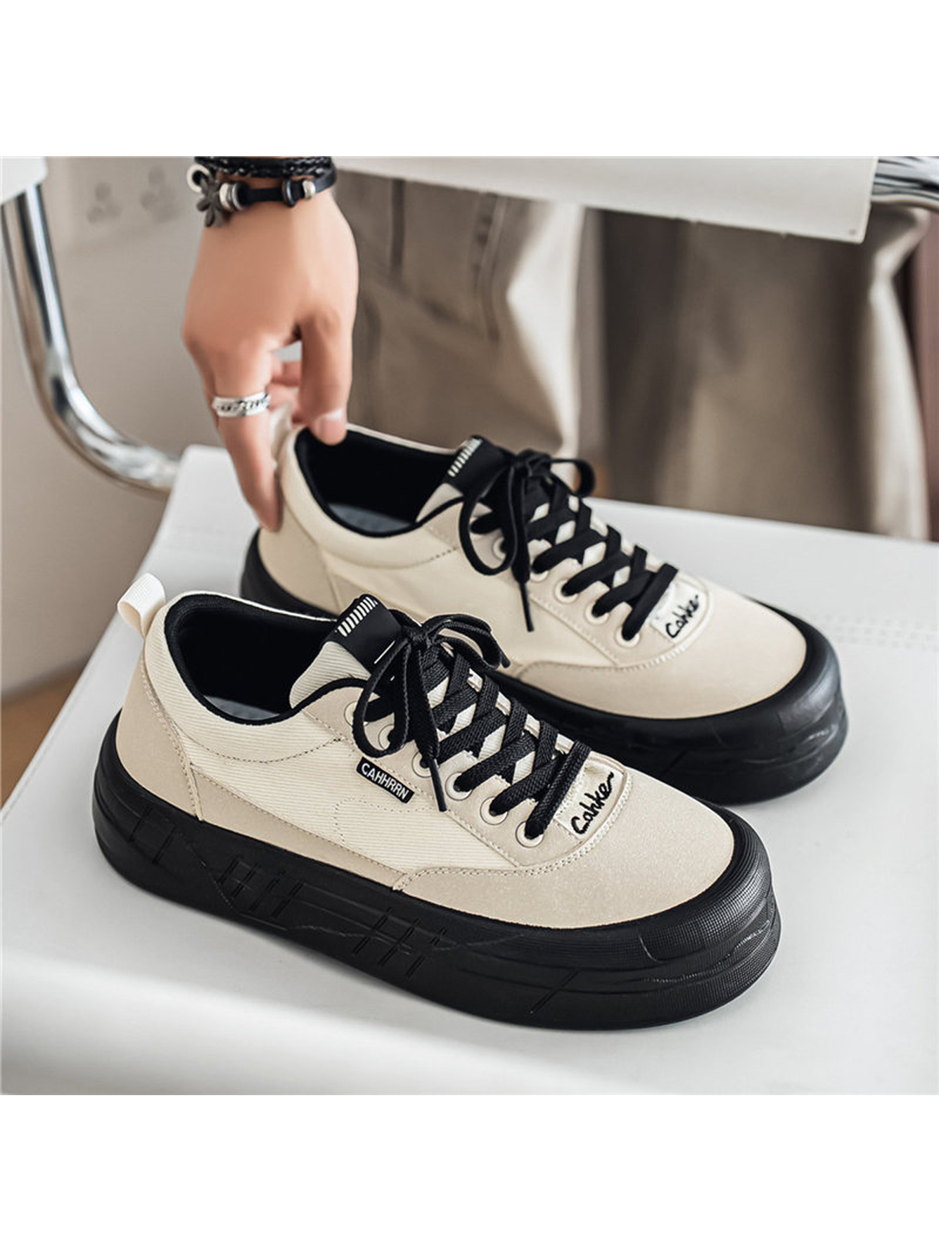 Beige Canvas Platform Sneakers