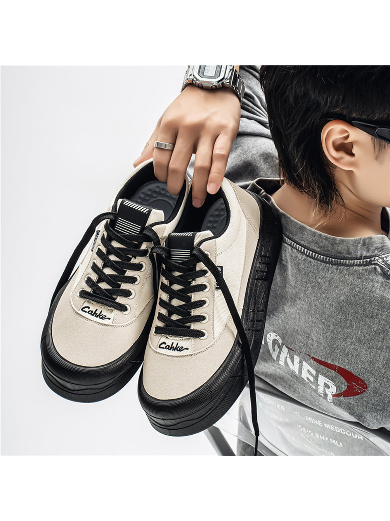 Beige Canvas Platform Sneakers