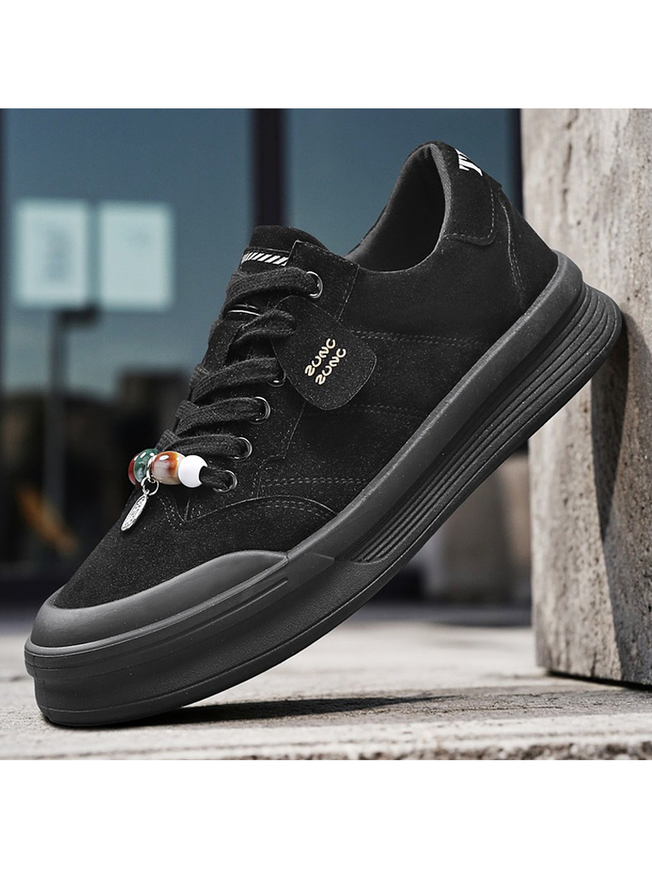 Black Casual Sneakers with Beaded Laces