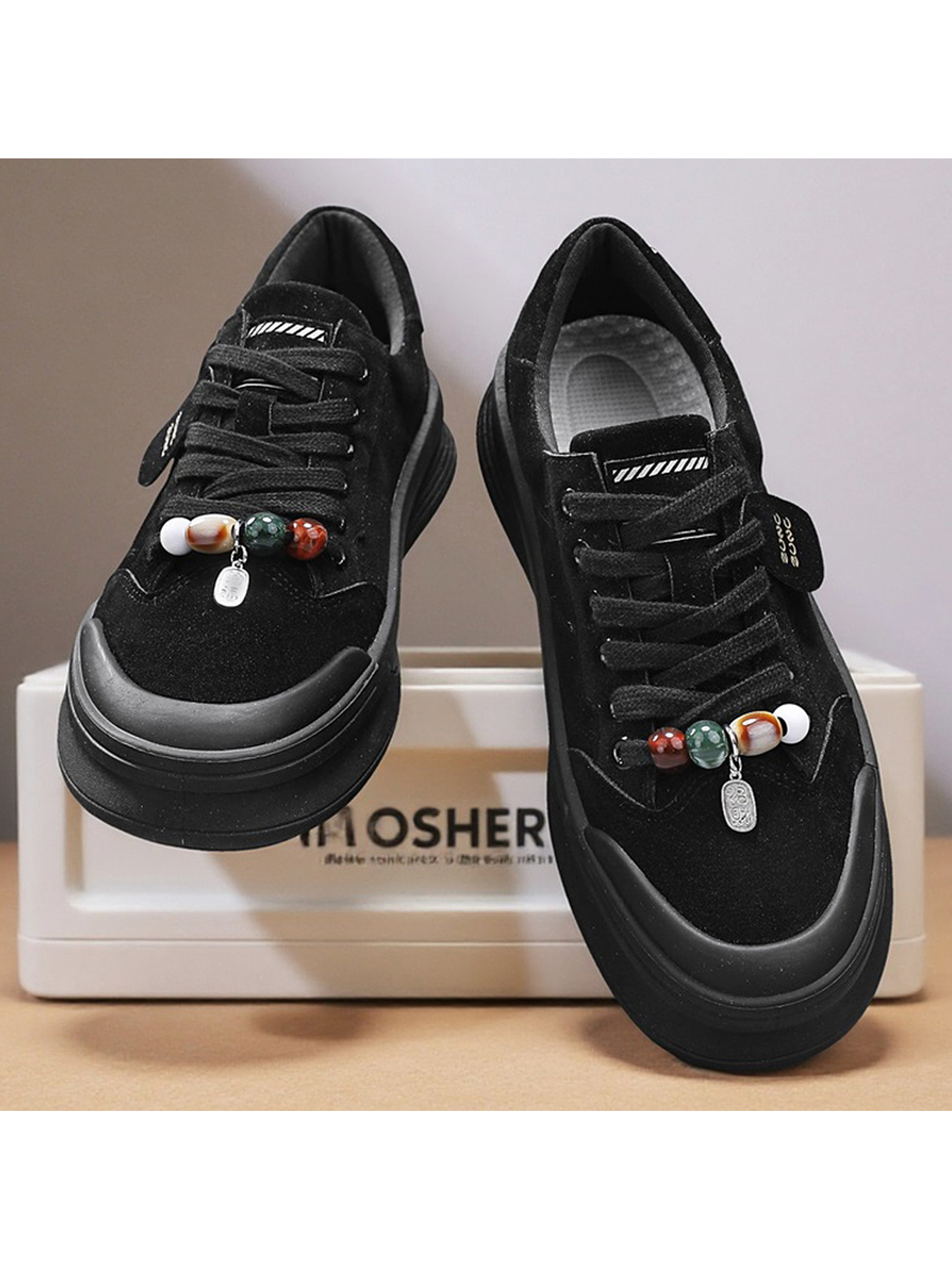 Black Casual Sneakers with Beaded Laces