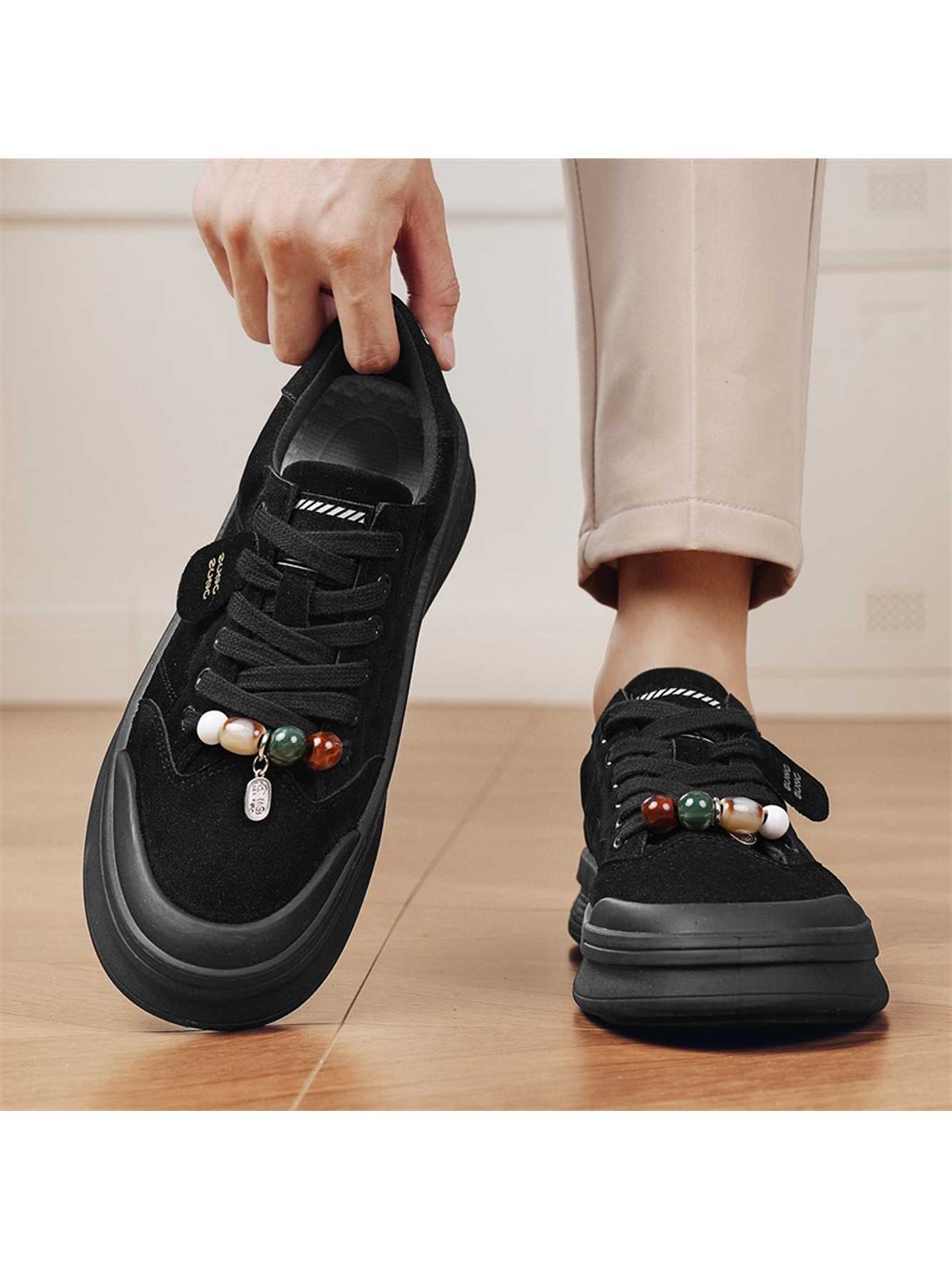 Black Casual Sneakers with Beaded Laces