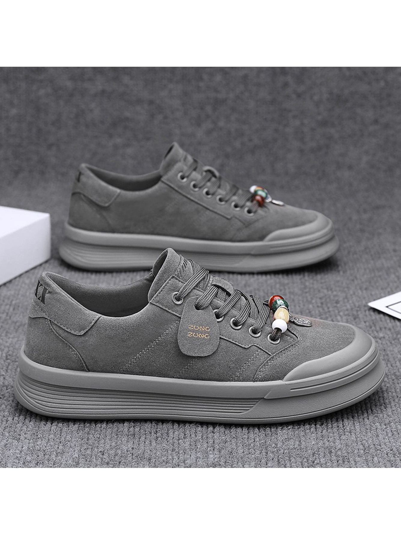 Grey Beaded Lace-Up Casual Sneakers