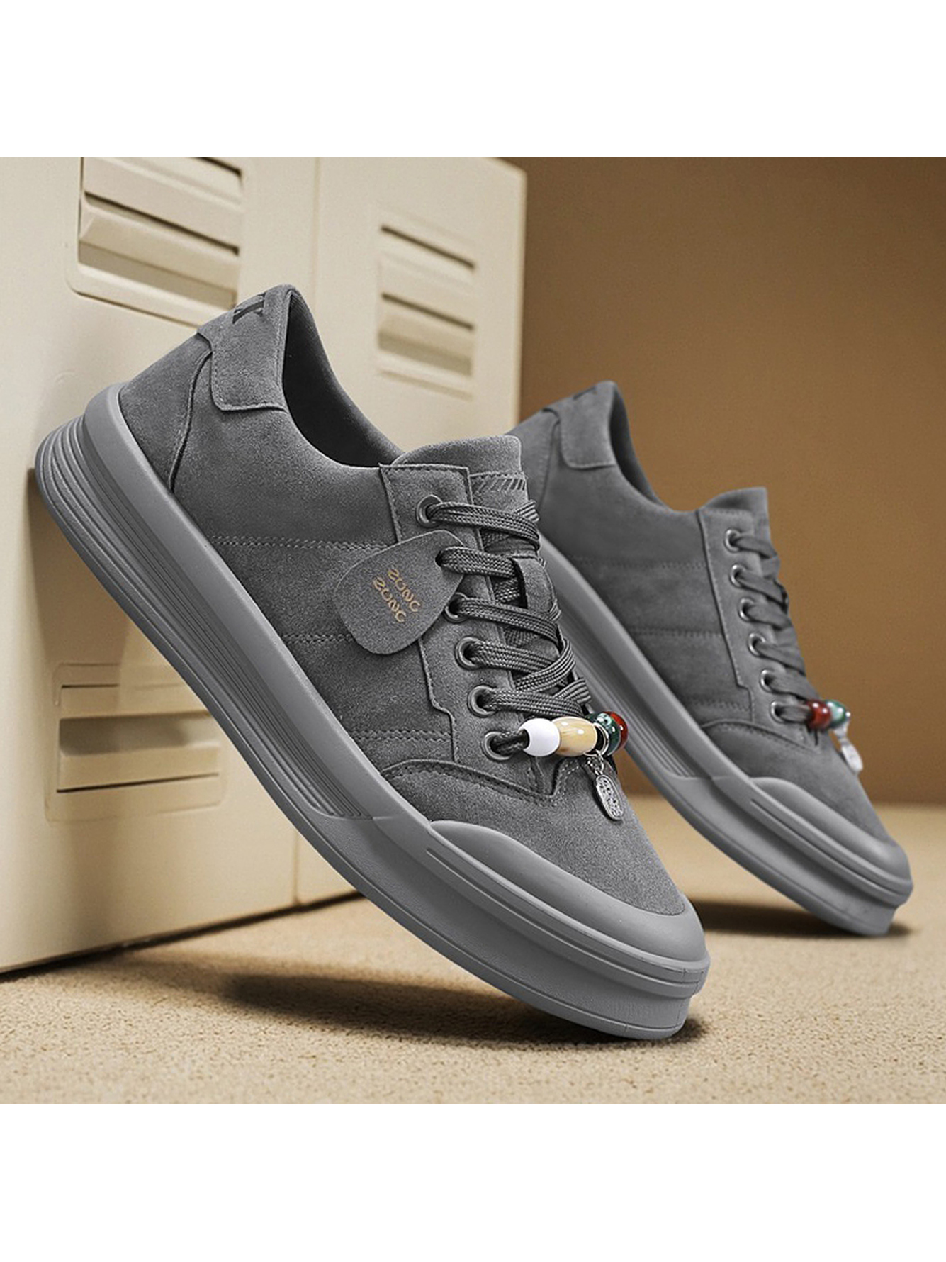 Grey Beaded Lace-Up Casual Sneakers