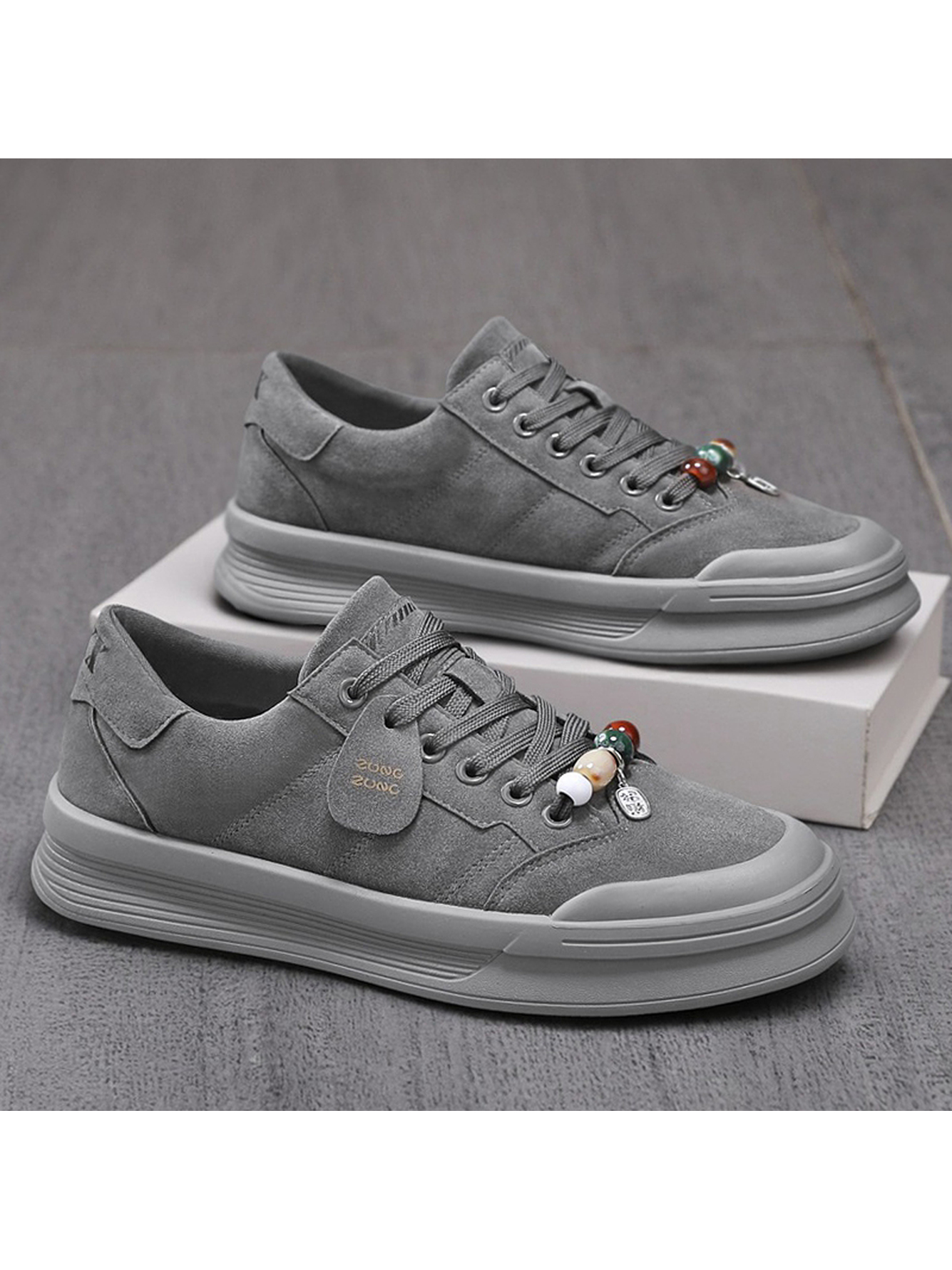 Grey Beaded Lace-Up Casual Sneakers