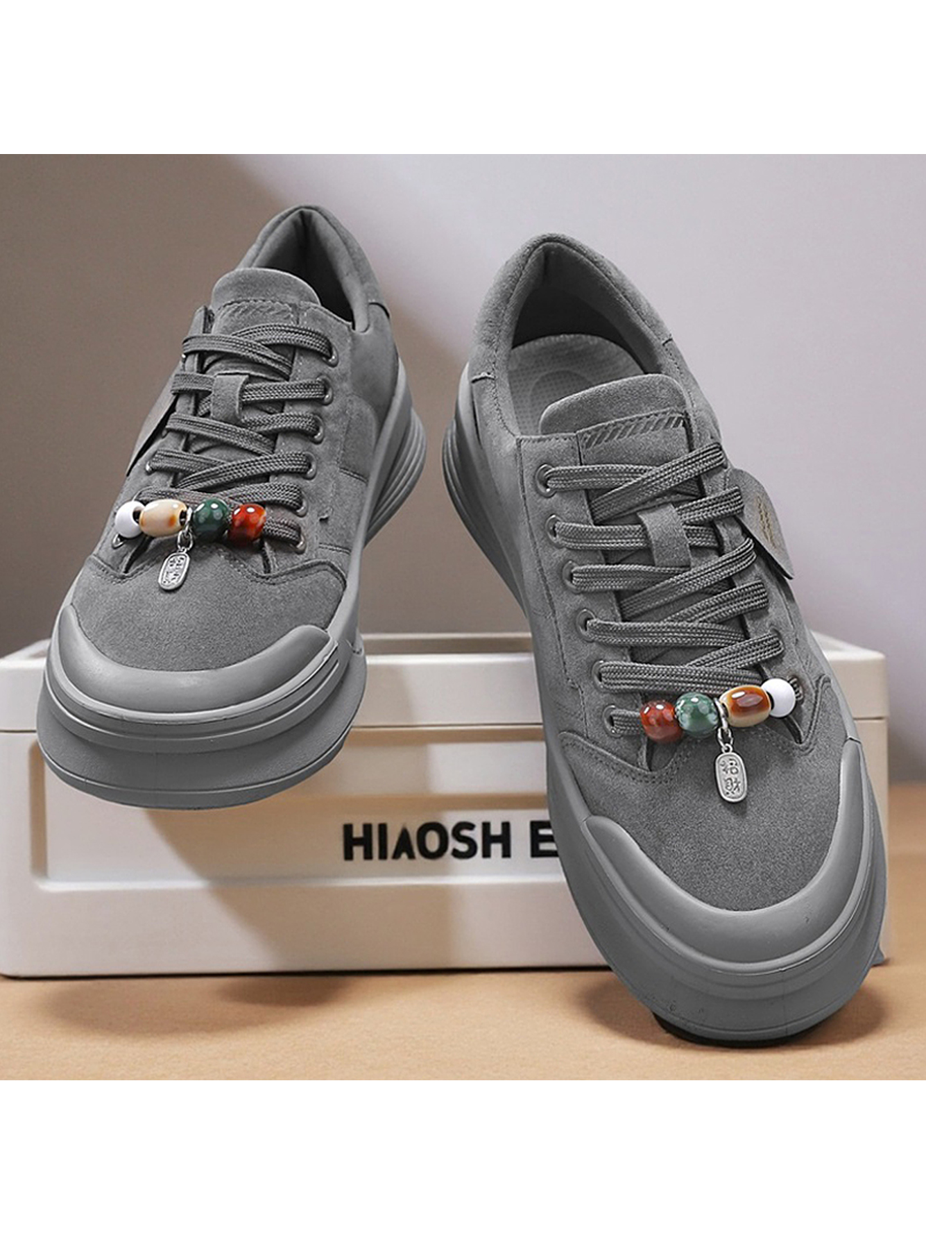Grey Beaded Lace-Up Casual Sneakers