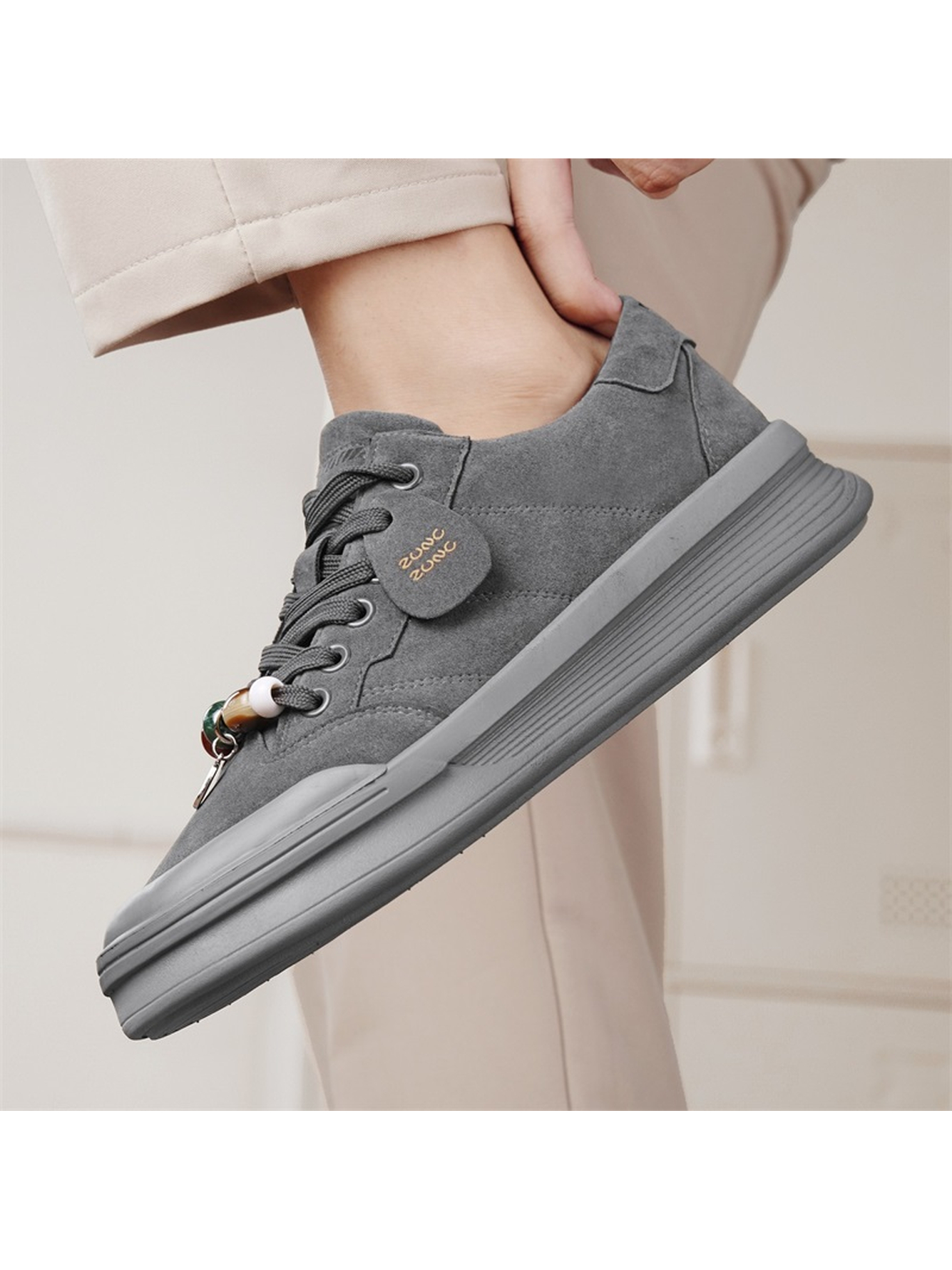 Grey Beaded Lace-Up Casual Sneakers
