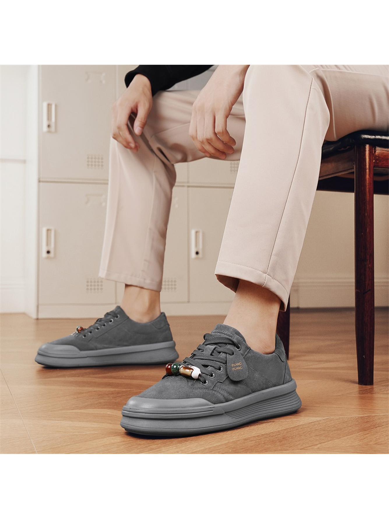 Grey Beaded Lace-Up Casual Sneakers
