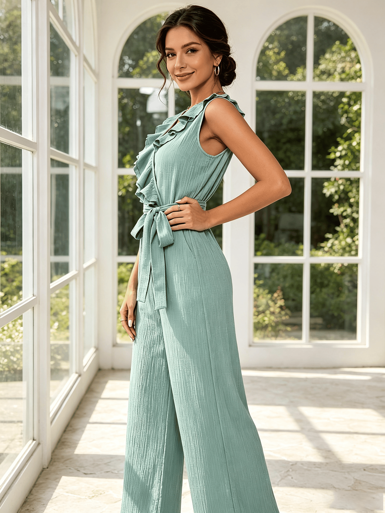 Green Wide-Leg Jumpsuit with Ruffle Trim