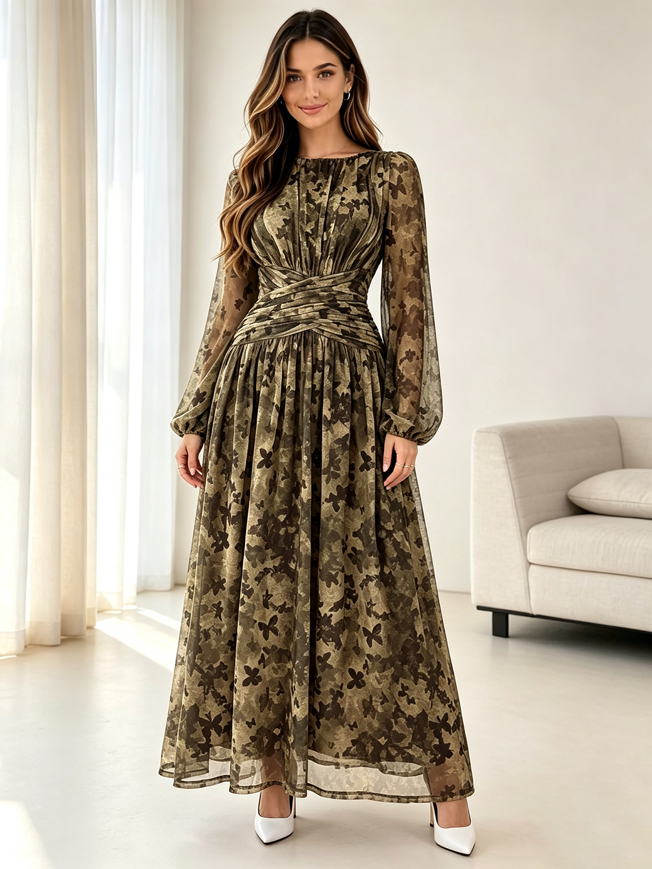 Multi-Color Floral A-Line Maxi Dress with Long Sleeves