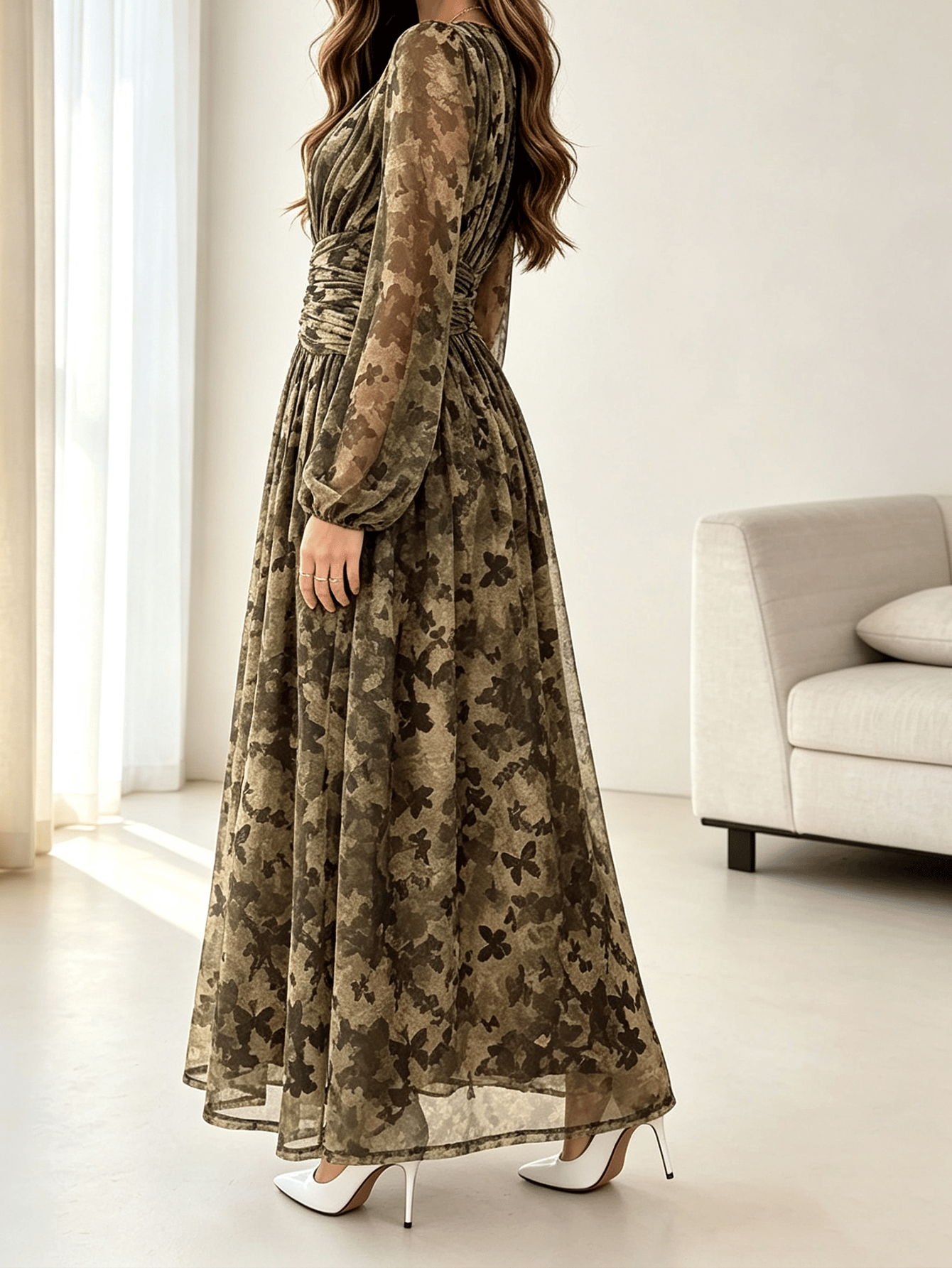 Multi-Color Floral A-Line Maxi Dress with Long Sleeves