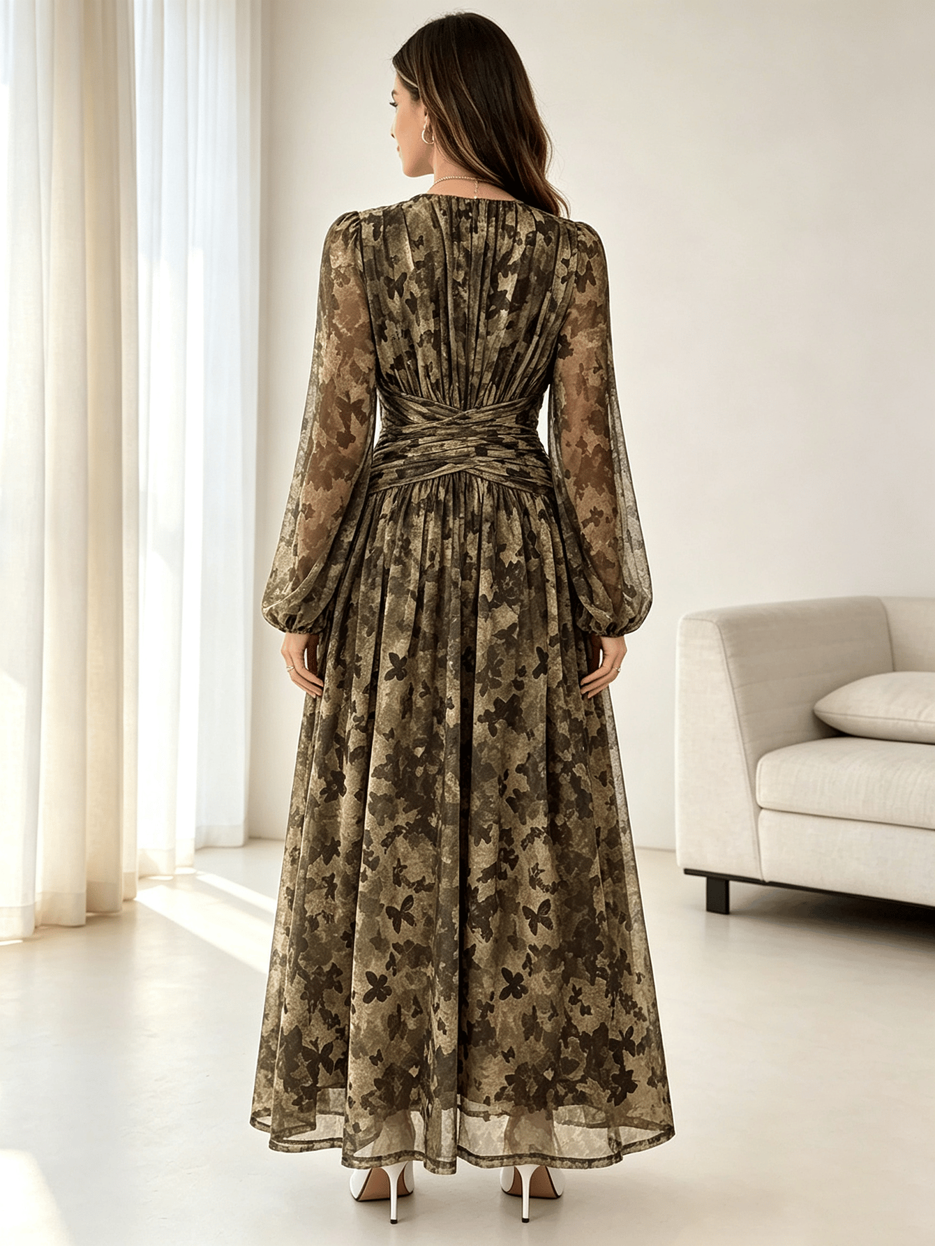 Multi-Color Floral A-Line Maxi Dress with Long Sleeves