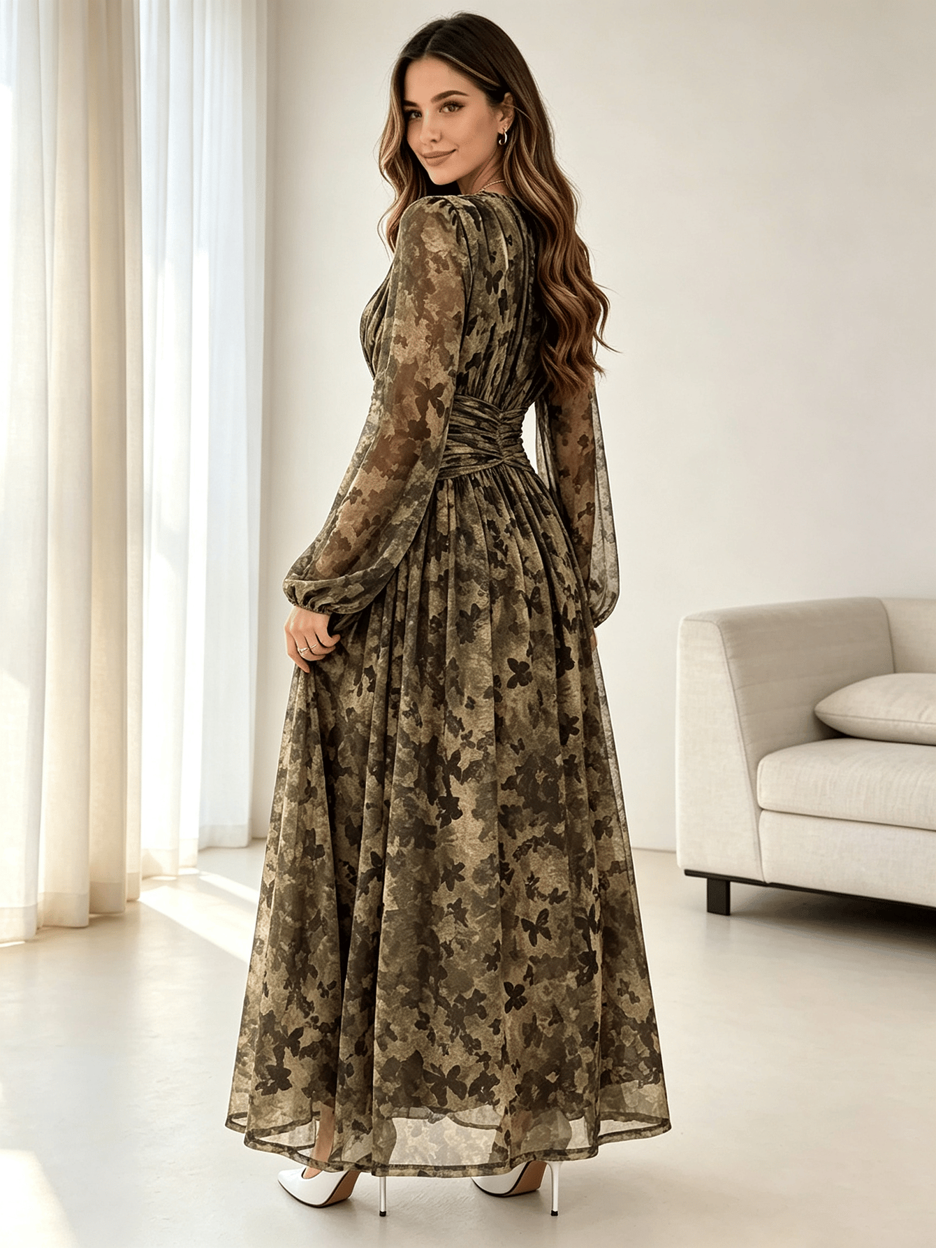 Multi-Color Floral A-Line Maxi Dress with Long Sleeves