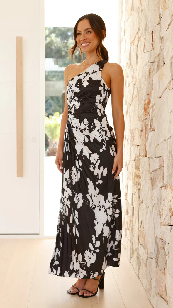 Monochrome Floral One-Shoulder Bodycon Maxi Dress