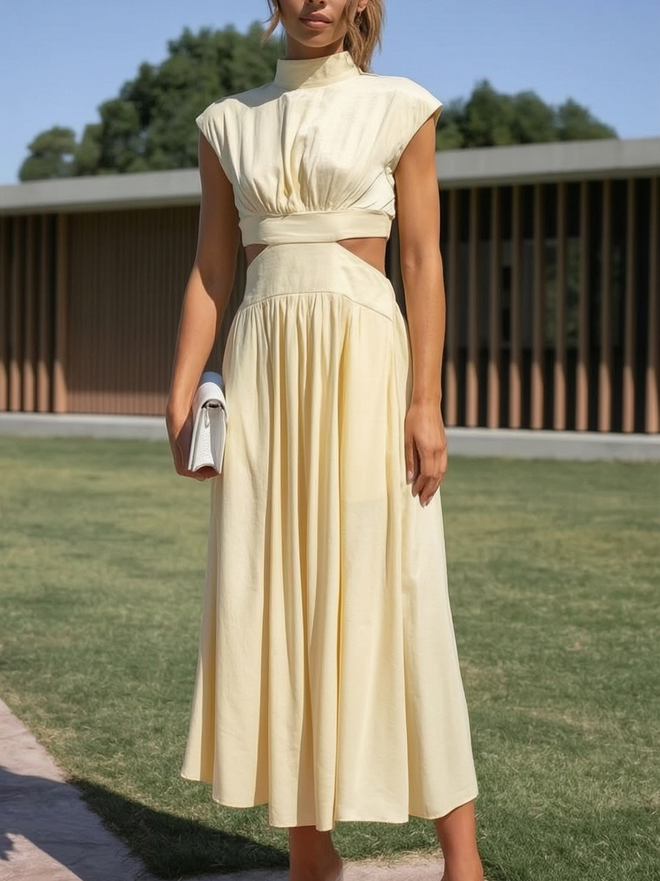 Yellow Sleeveless A-Line Midi Dress