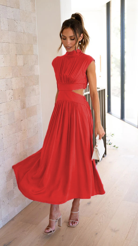 Red Sleeveless A-Line Midi Dress