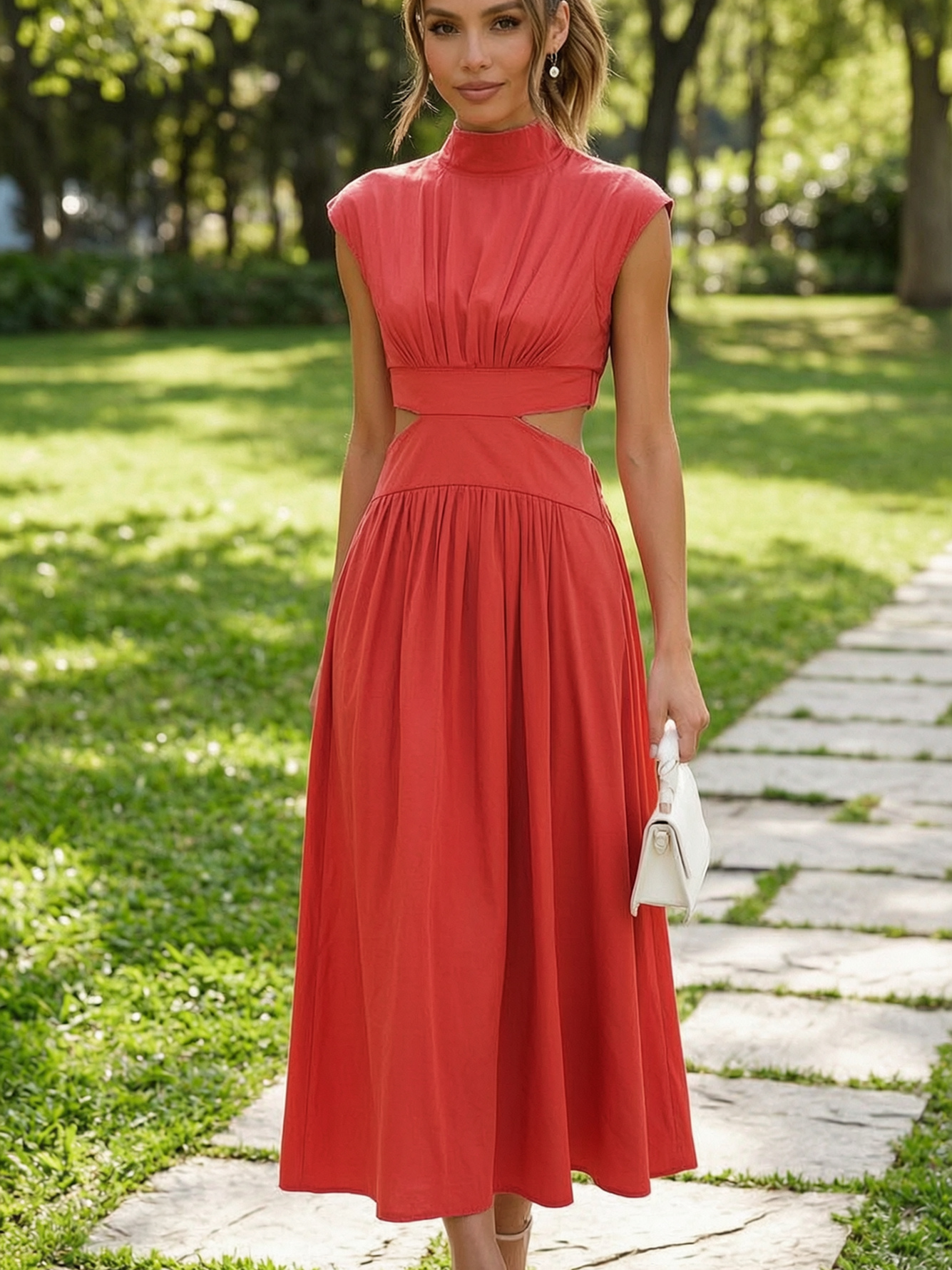 Red Sleeveless A-Line Midi Dress