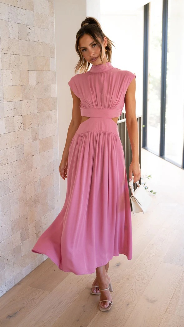 Pink Sleeveless Midi Dress with Cut-Out Details