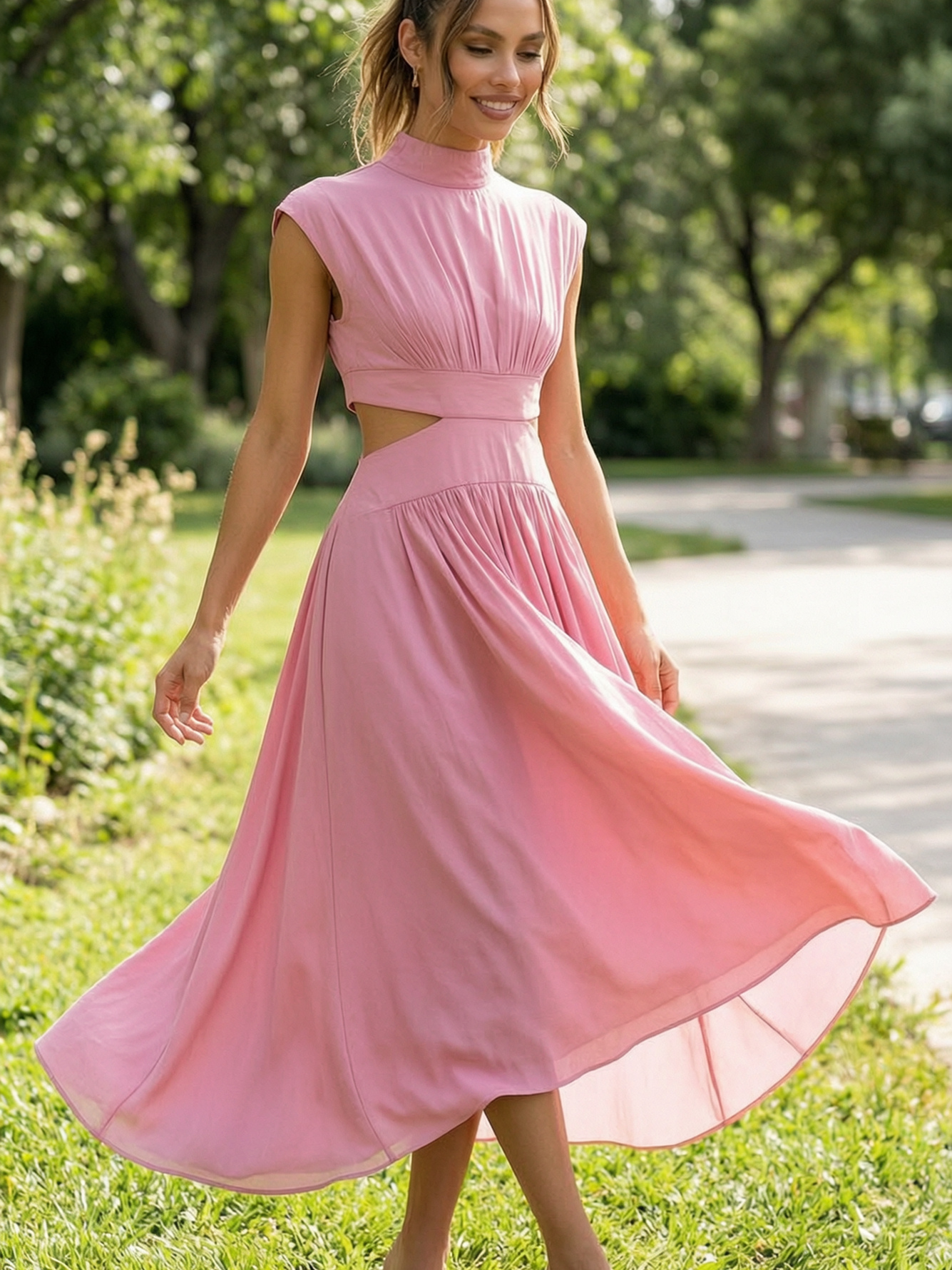Pink Sleeveless Midi Dress with Cut-Out Details