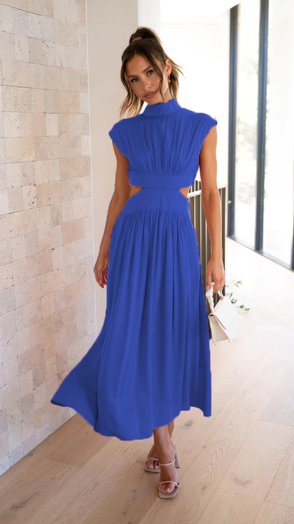 Blue Sleeveless A-Line Midi Dress