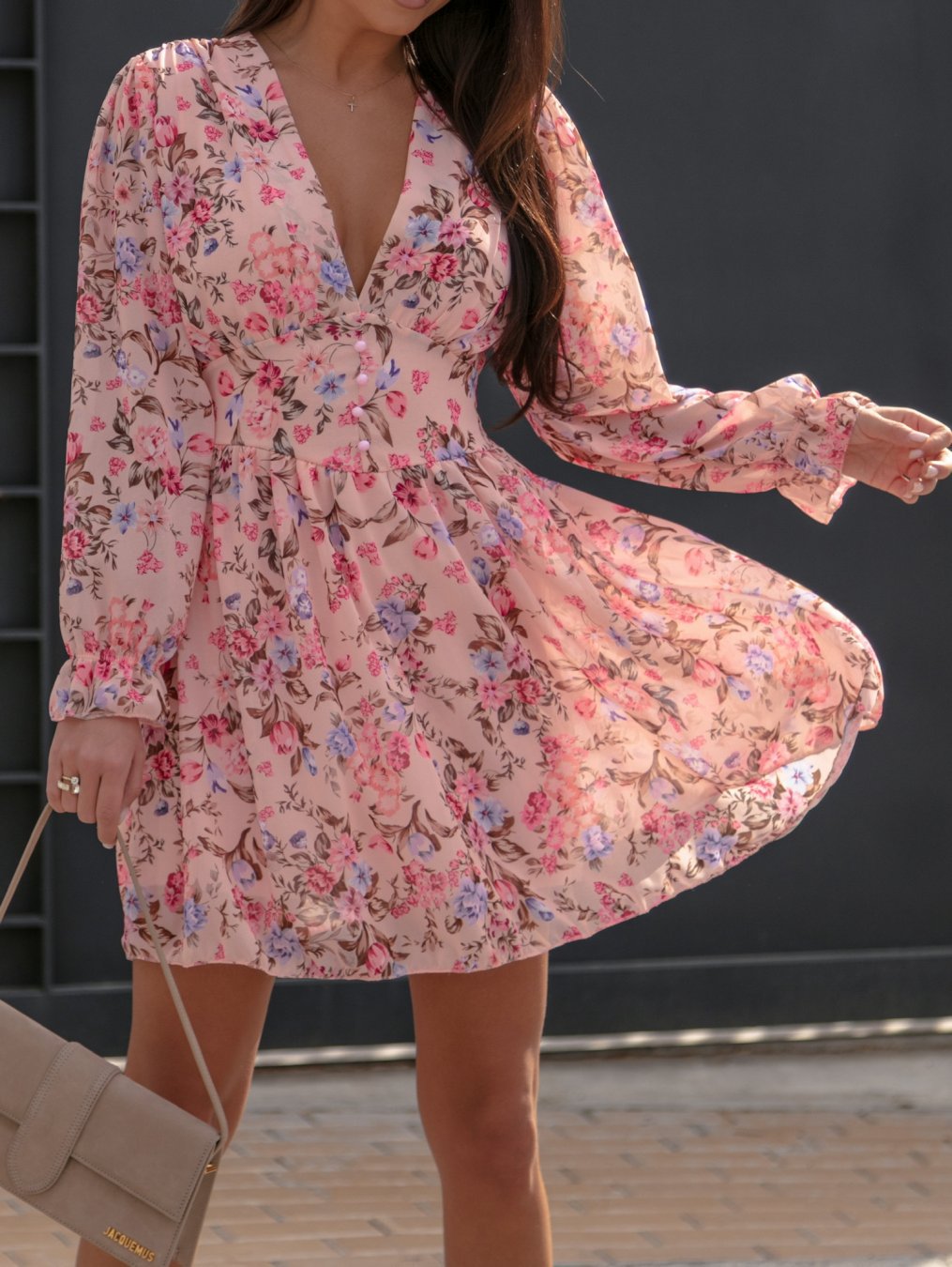 Floral Print Long Sleeve Fit and Flare Mini Dress